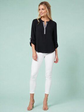 2/$30 DR2 Banded Notched Blouse Tab Sleeve Black Small #A3612